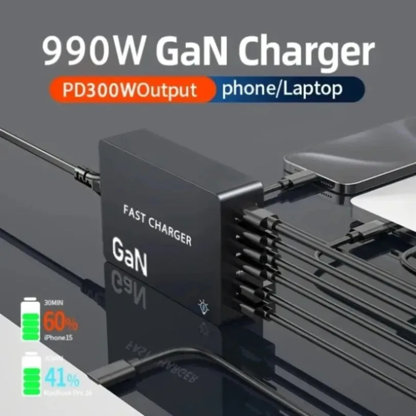GaN 6-Ports 990W USB C Charger Desktop Charger Type C PD 100W PPS Fast Charging Station for Laptop Tablet MacBook Samsung iPhone