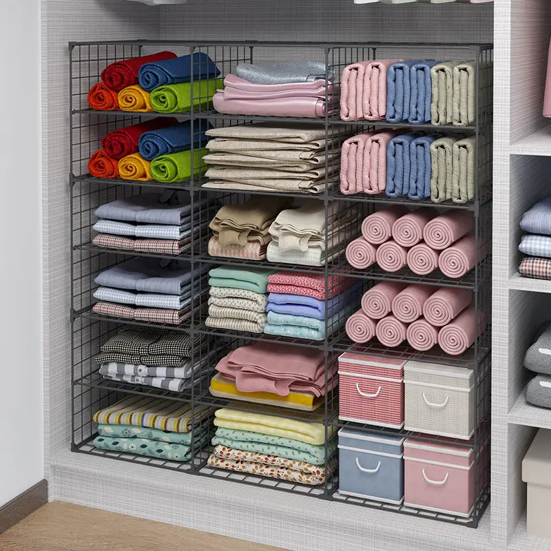 

Closet Shelf Basket Clothes Storage Organizer, Space Saving Stackable Cabinet Bins Metal Wire Rack for Clothing Sweaters Bedroom