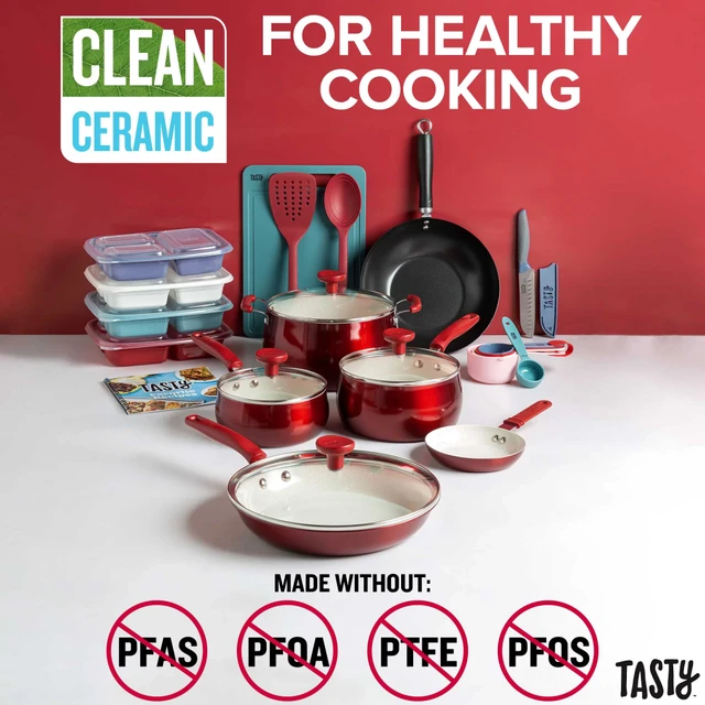 Tasty Clean Ceramic 16 Piece Non-Stick Aluminum Cookware Set, Pink -  AliExpress