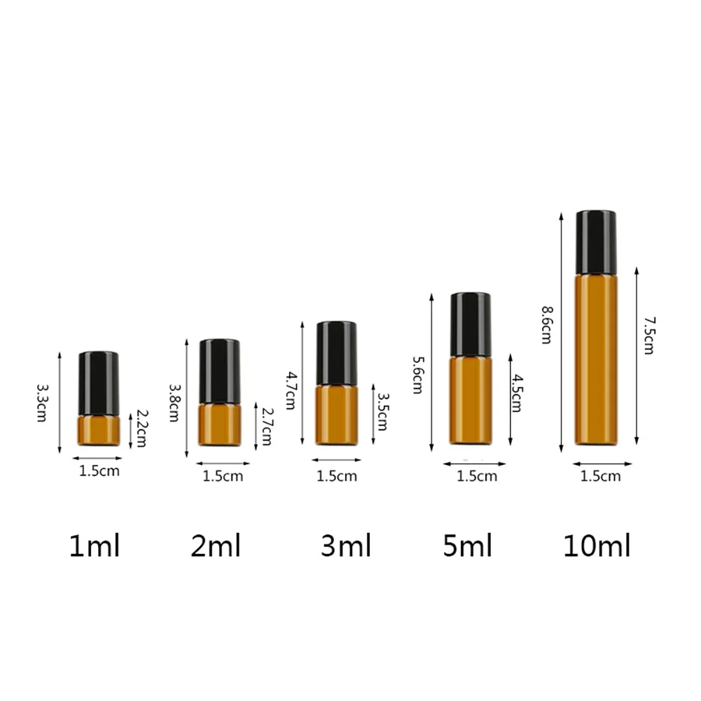 5pcs/lot 1ml 2ml 3ml 5ml 10ml Amber Glass Doterra Essential Oil Roll on Bottles TestVials Steel Ball Containers