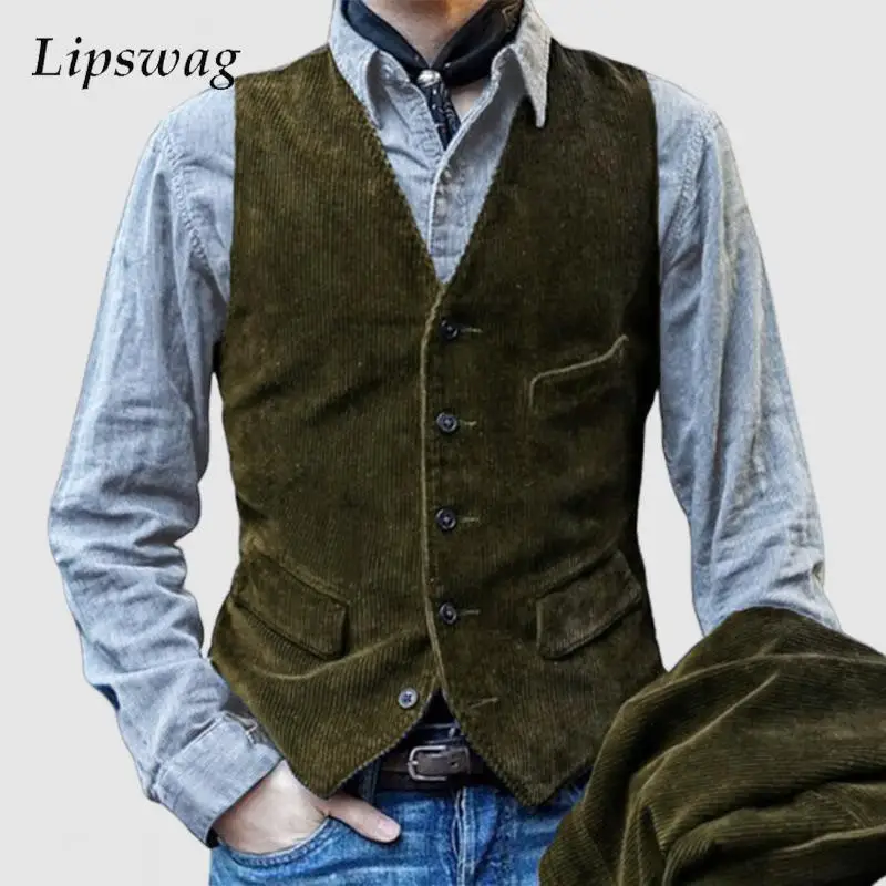 

Vintage Corduroy Solid Color Vest Coat Mens Spring Casual Buttoned V Neck Sleeveless Jackets For Men Office Fashion Waistcoats