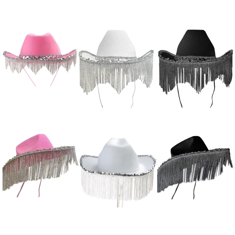 

Cowgirl Hat for Adult Cowboy Hat with Sequins Rhinestones Fringe Fit Most Women for Theme Party Black White Pink