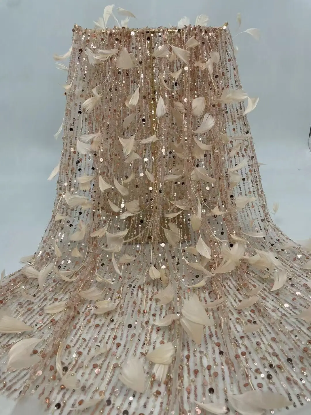 

High Quality African Nigerian Tulle Lace Fabric L-13026811 With Sequins and feather Embroidery Sewing african lace Dresses