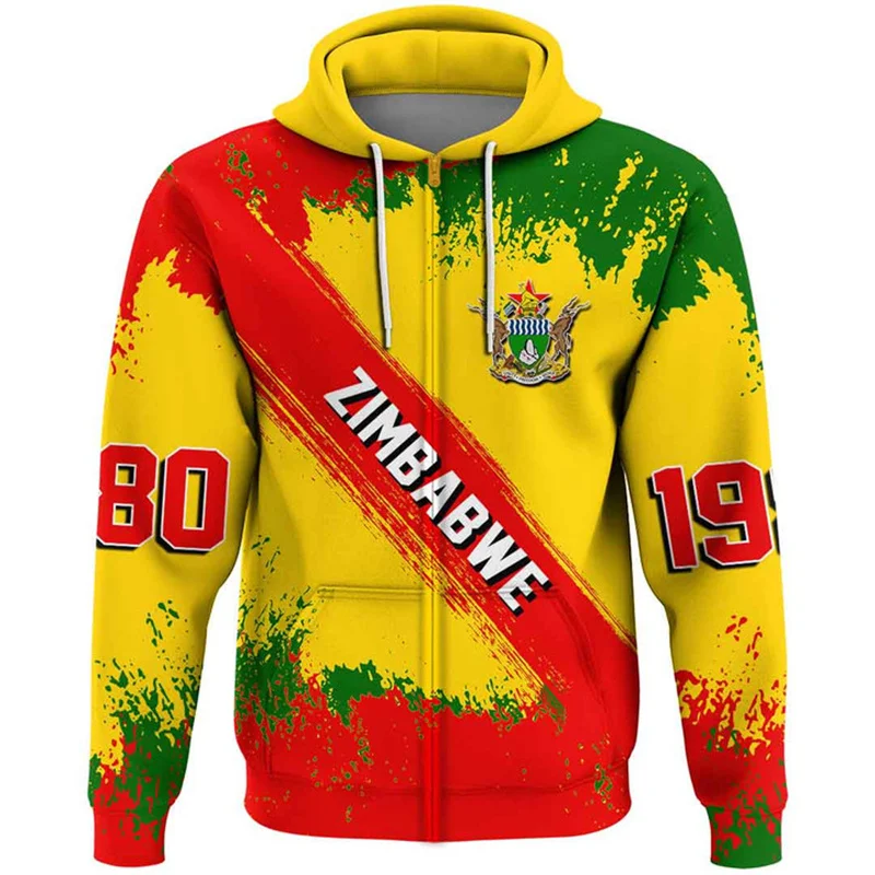 thumbnail image 1 of Sudadera con capucha con gráfico de mapa y bandera de Zimbabue para hombre, sudadera con capucha con emblema nacional con estampado 3D, suéteres casuales holgados con cremallera para la calle, 1 of 4