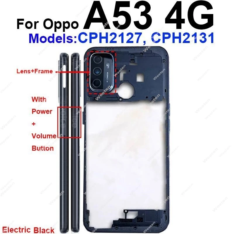 OPPO A53S A53 4G A53 5G CPH2127 CPH2131 용 중간 프레임 하우징 커버 NFC 흑연 종이가있는 뒷면 커버 배터리 하우징 베젤