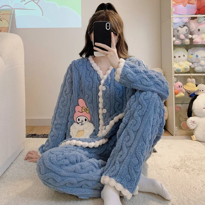 Pijamas de lana de Coral para mujer, ropa de casa cálida, cárdigan dulce, pantalones de manga larga, ropa de estar por casa gruesa, 5XL talla grande, Invierno