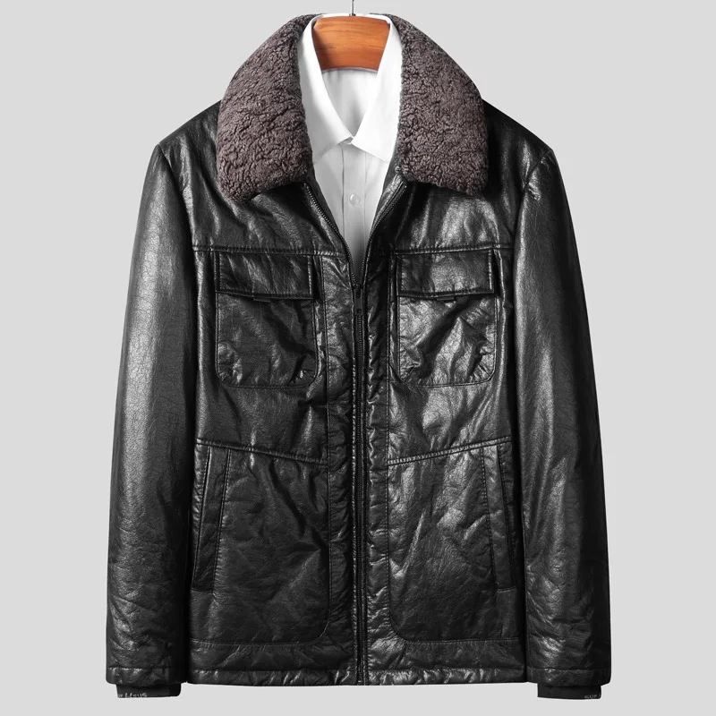 

W21130 Haining genuine leather jacket men's top layer cowhide white duck down down jacket short lapel leather jacket winter P780