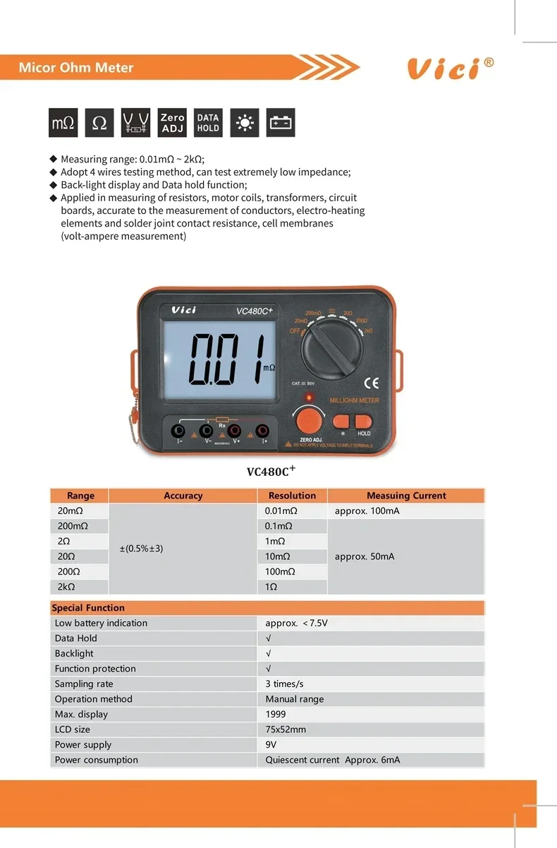 Vici VC480C+ SMQ/CNAS Calibrated Digital Milliohm Meter 0.01m&Omega;-2k&Omega; 4-Wire Tester with Backlight & Data Hold (CAT III 50V) resistance tester