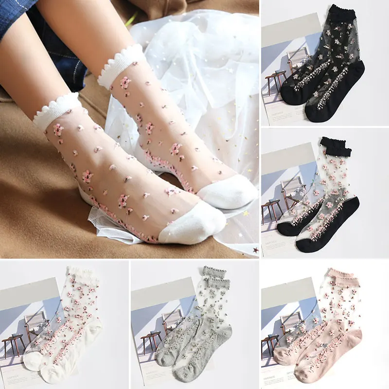 

Fashion Breathable Ultra Thin Socks Summer Women Transparent Lace Silk Crystal Rose Flower Girls Elastic Short Socks Female Sox
