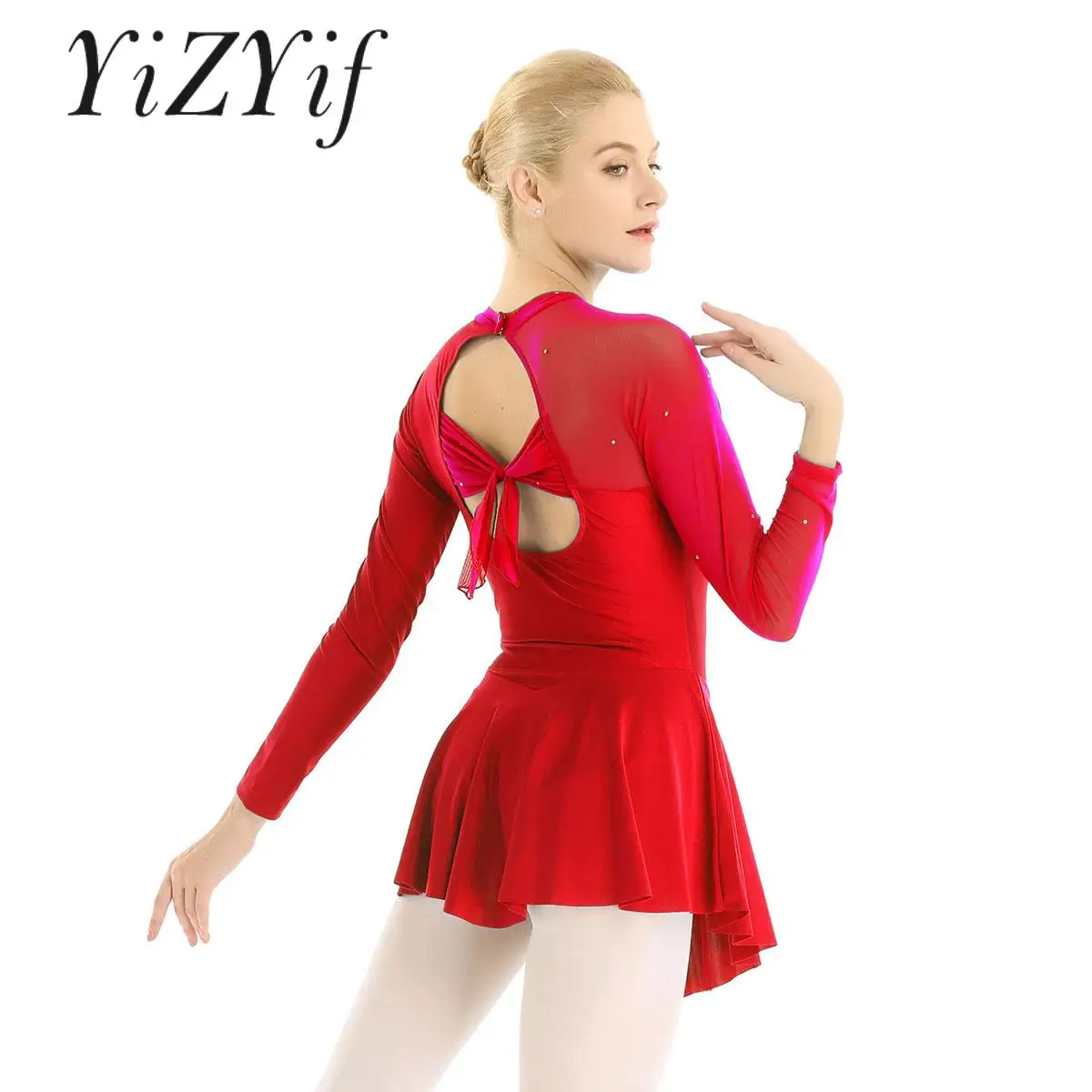

Women Figure Skating Dress Long Sleeves Hollow Out Back Skirted Leotard Gymnastics Ballet Dancewear Training Dance Class Costume