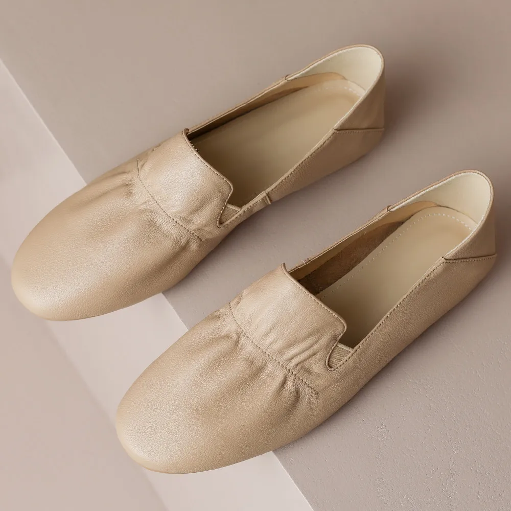 

Women's genuine leather pleated round toe slip-on ballet flats loafers leisure soft comfortable casual moccasins ballerinas shoe