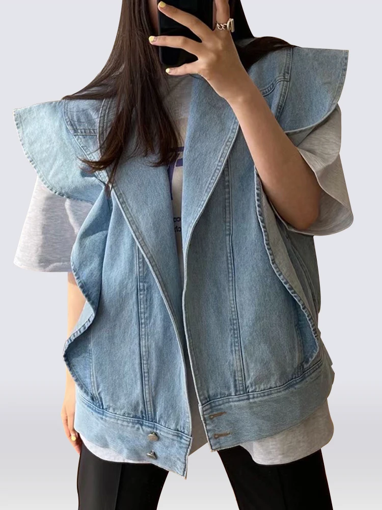 Harajuku Ruffles Oversize Denim Jacket Fashion Sleeveless Large Size Vest Tops Chic Streetwear Jeans Coat Single Breasted Jacket