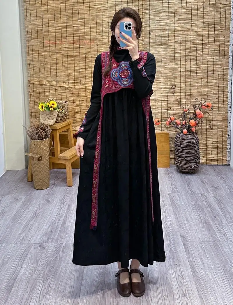 

2024 traditional chinese improved dress national flower embroidery a-line dress retro satin jacquard dress oriental vest dress