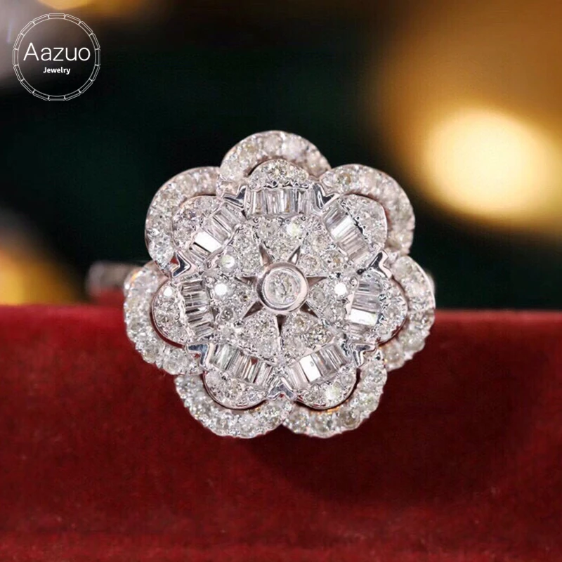 Aazuo 100% 18K Solid White Gold Real Diamonds 0.90ct Can Rotate Flower Ring Gift For Women Luxury Engagement Halo anillos mujer