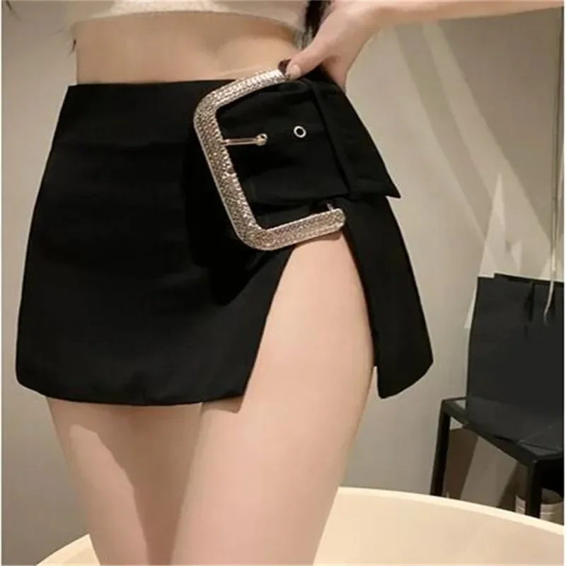 Mini Skirts Women Split Rhinestone Belt High Waist Black Slim Wrap Hip Sexy Skirt Female Streetwear Summer New 2023 youlapan wedding rhinestone flower garter bridal pearl leg straps women sexy beaded leg garter jewelry accessories ht01 g