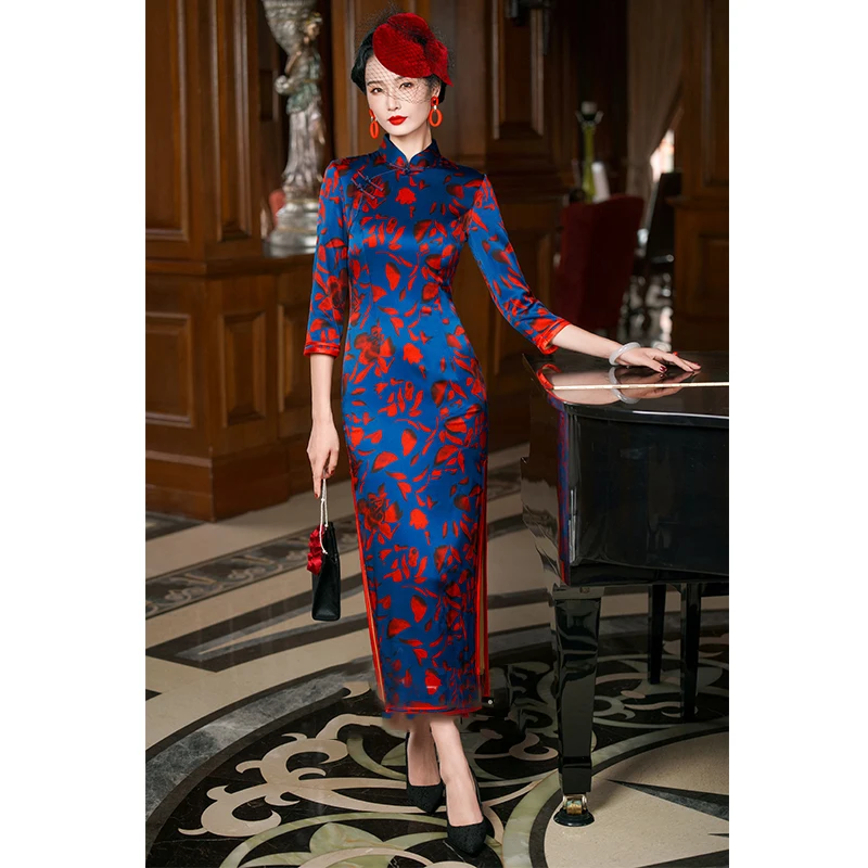 

Шелковые осенние вечерние платья Qipao для свадебной вечеринки, женское платье-Ципао с рукавом средней длины, китайское восточное платье