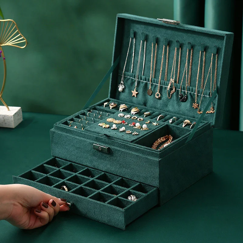 

1/2/3 Layer Vintage Blackish Green Velvet Jewelry Organizer Box Necklaces Earrings Rings Display Rack Holder Case with Lock
