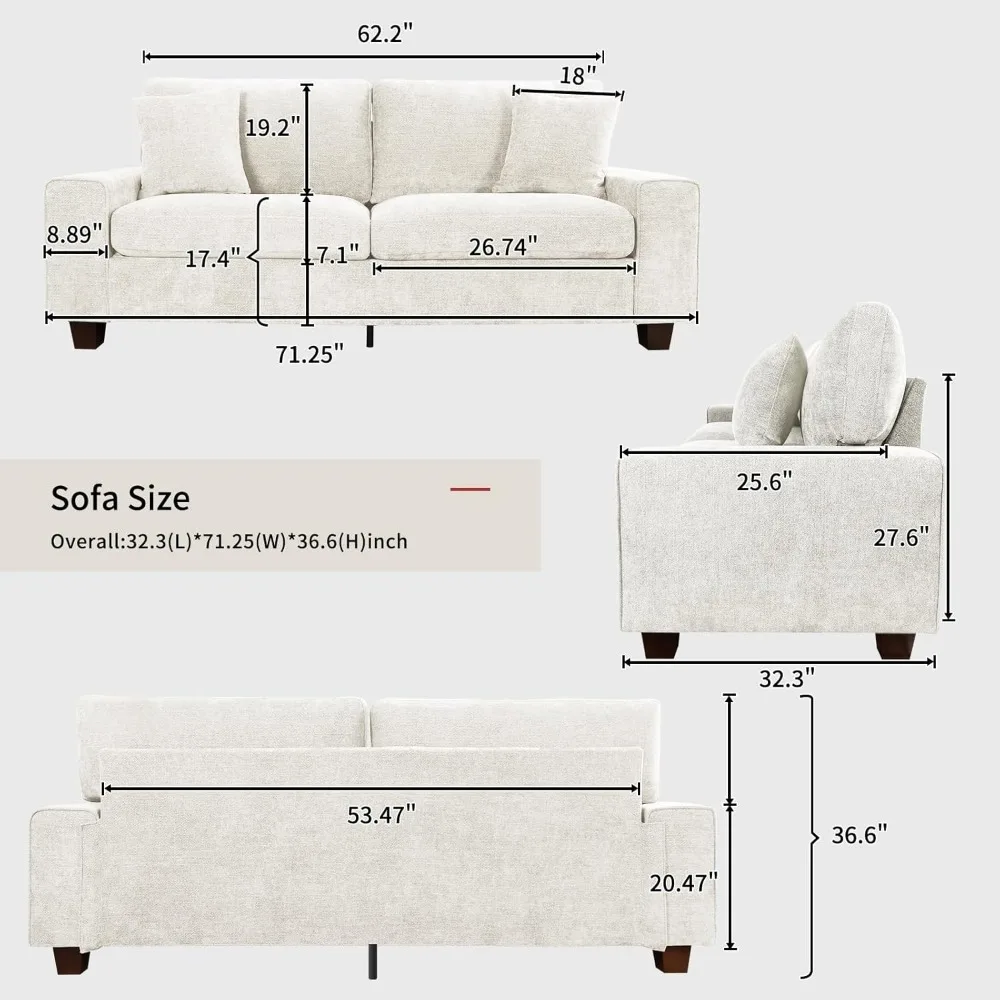71.25" Sofa Couches for Living Room, 2 Seater Sofa with 2 Pillows, Small Modern (Beige, 71.25 inches) Set Children's Sofas 3
