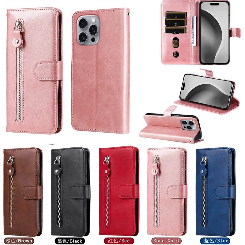 Retro Leather Wallet Cover with Zipper Pocket & Card Slots - Shockproof Flip Case