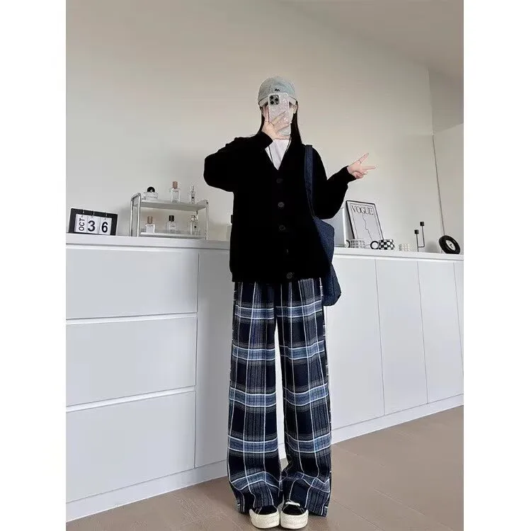 Women's Retro Blue Checkered Casual Pants Vintage Plaid