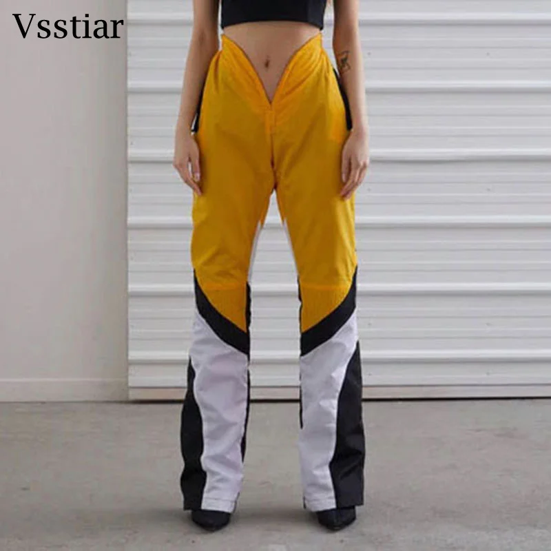 

Vsstiar модная уличная одежда Лоскутные женские брюки винтажные повседневные брюки с V-образным вырезом летние женские брюки универсальные спортивные брюки