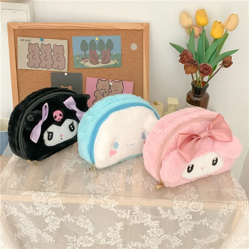 

Kawaii Sanrios My Melody Kuromi Large Capacity Plush Handbag Makeup Bag Anime Cinnamoroll Portable Travel Cosmetic Storage Bag