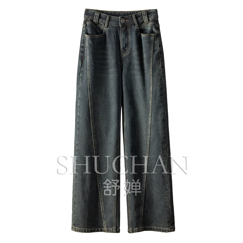 SHUCHAN streetwear women  wide leg jeans  pantalones de mujer  jeans woman  COTTON  Polyester  Spandex  Full Length