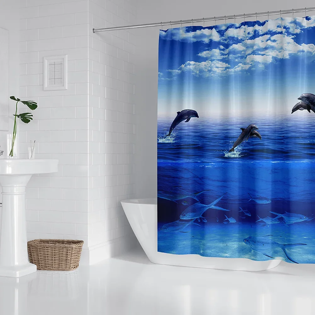 Dolphin Ocean Shower Curtain Sea Summer Beach Underwater Bath Screens Bath Shower Curtain with 12 Hooks for Bathroom Room