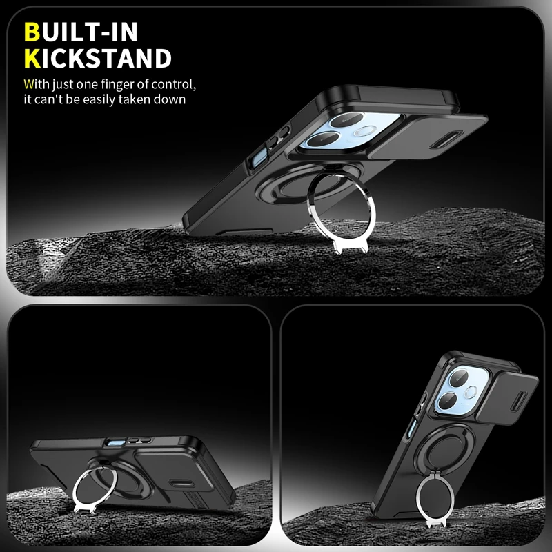 Slide Camera Lens Armor Phone Case with Magnetic Holder Ring and Protective Cover