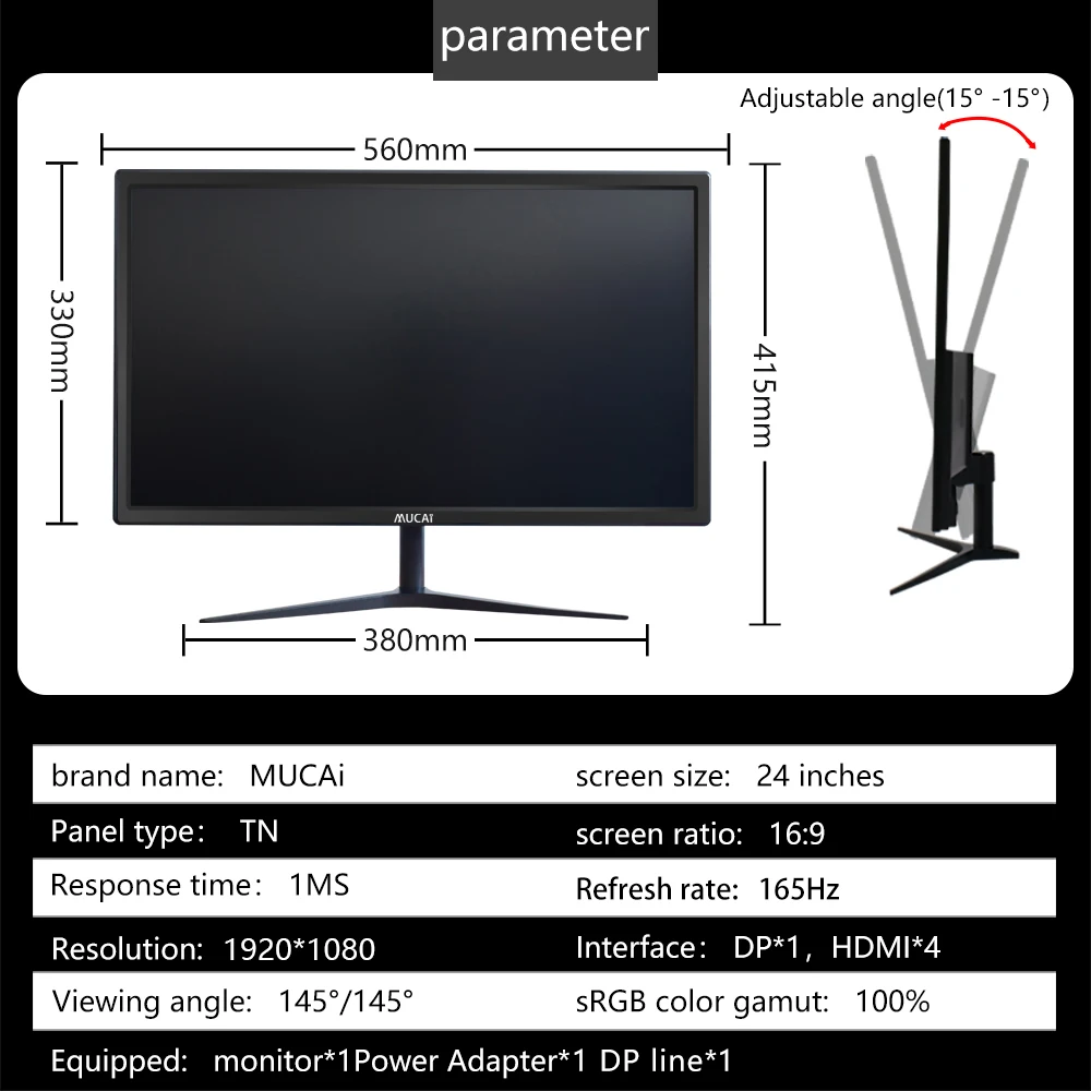 Mucai 24 Inch Monitor 165hz Tn Pc Lcd 
