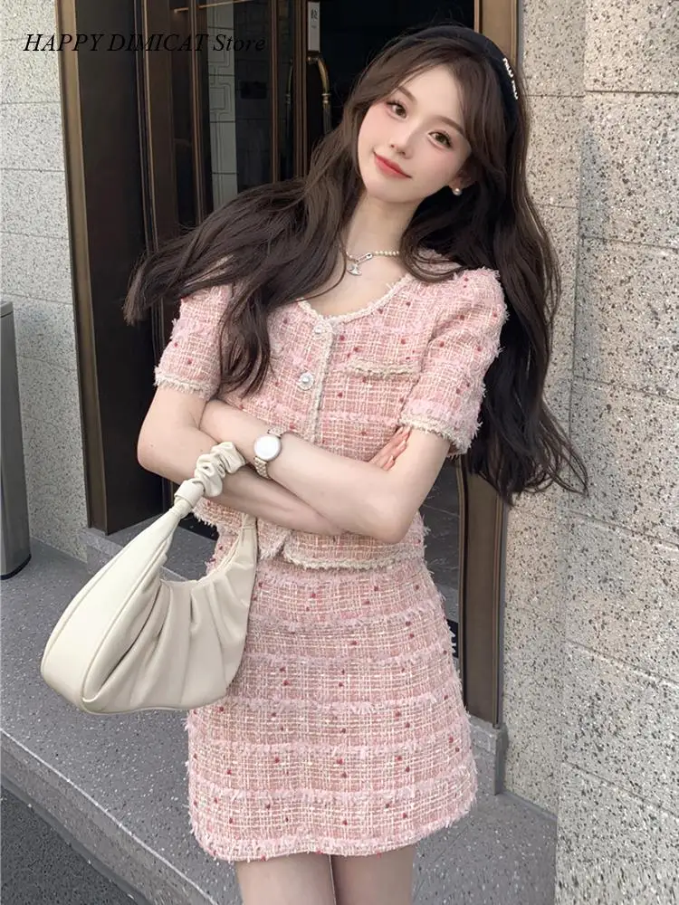 Mini Skirt Two Pieces Summer Women Small Fragrant Tweed Suit Fashion Single Breasted Short-sleeved O Neck Coat + High-waist