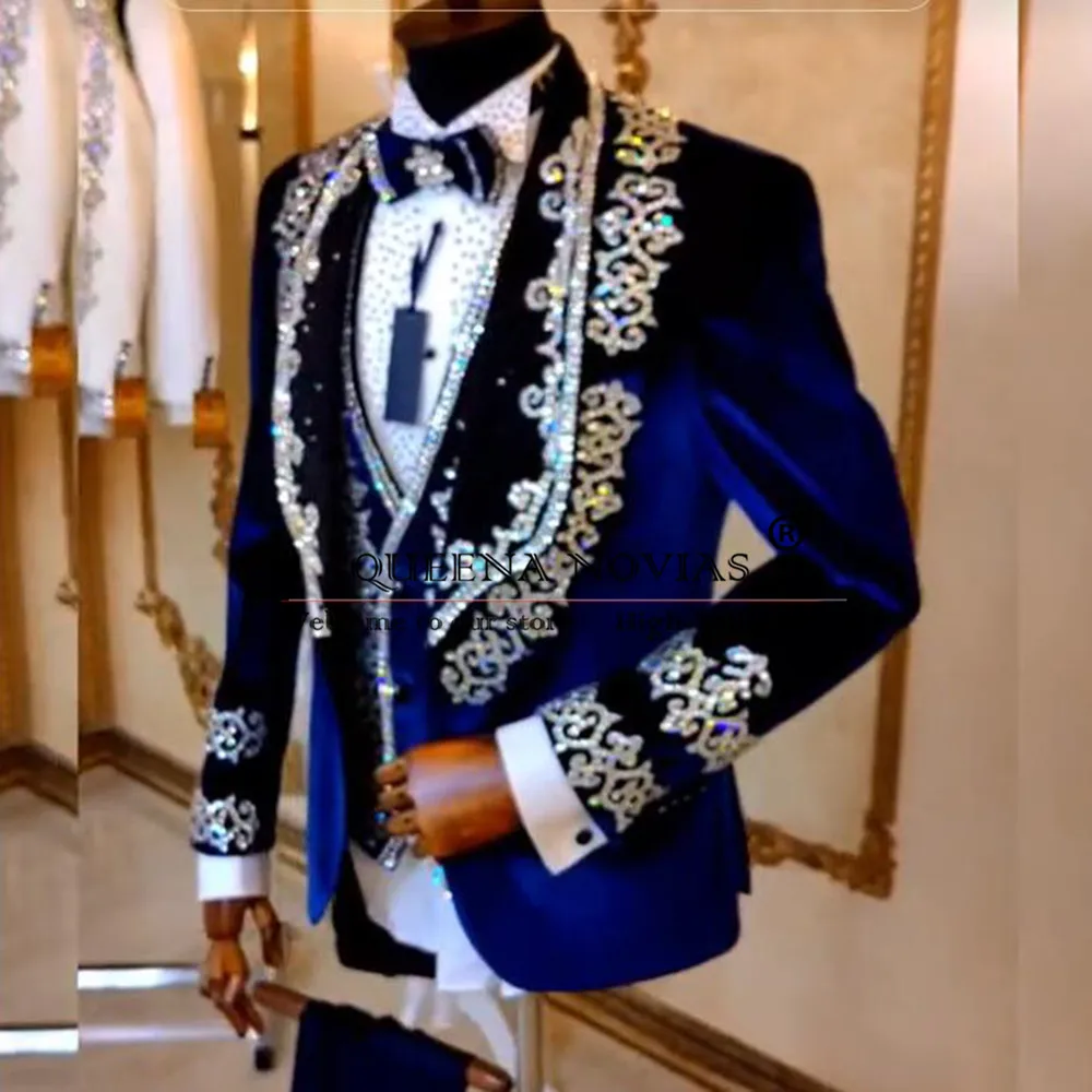 Royal Blue Wedding Suits Formal Party Sliver Beaded Embroidered Velvet Jacket Vest Pants 3 Pieces Groom Tuxedos Customized Dress