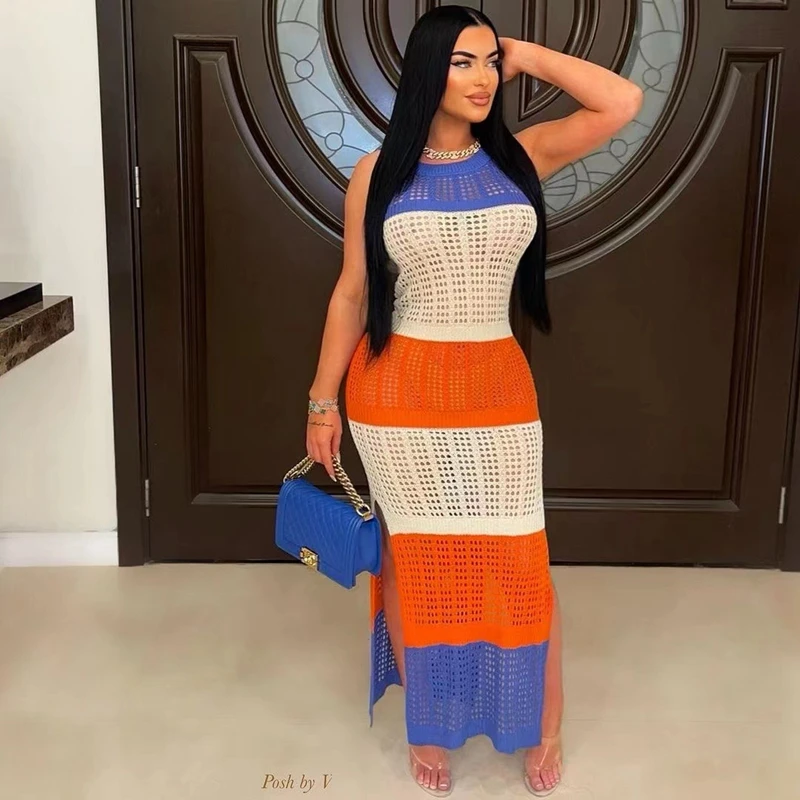 

Womens Dresses 2024 Summer Patchwork Knitted One Piece Midi Dress Sleeveless Hollow Out Sexy Split Beach Skirts Birthday Outfits