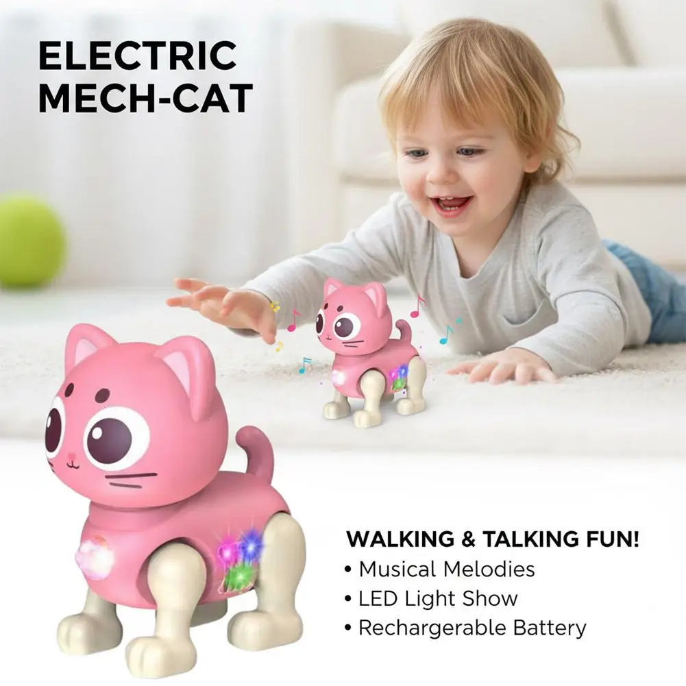 Smart Electric Pink Cat Toy for Boys Girls Interactive Walking Kitten Robot with Colorful Flashing Lights and Sound Effect