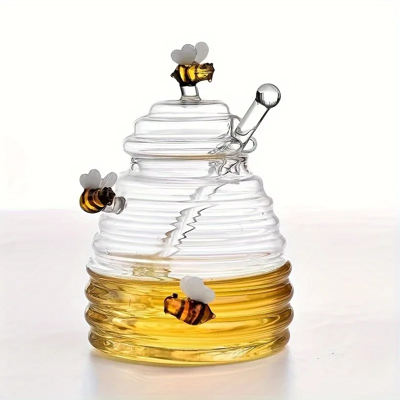 Glass Honey Storage Jar Clear Glass with Lid Stir Stick Creative Design Home Kitchen Container