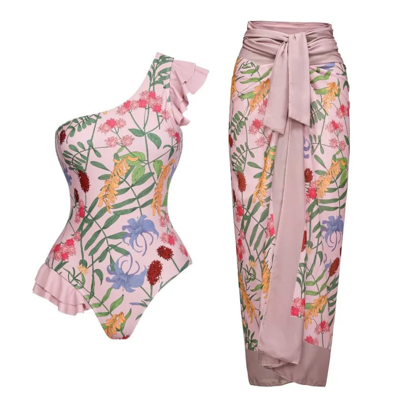 

2023 New Women V-Neck Cutout Swimsuit Printed One-piece Swimwear Women's Ruffles Holiday Beach Bikini