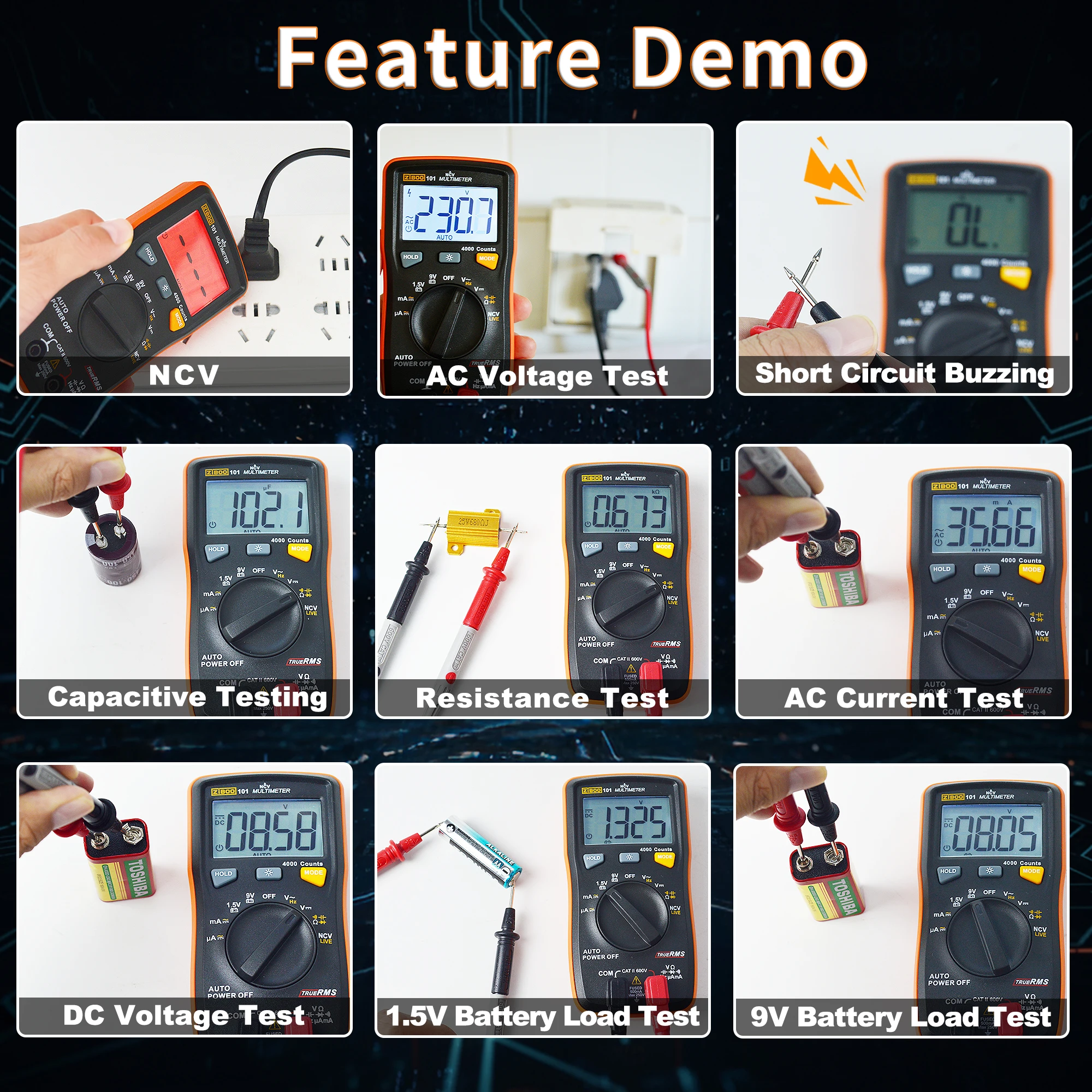 ZIBOO 101 미니 디지털 멀티미터, TRMS 4000 카운트 자동 범위 조정 포켓 전압계, AC/DC 전압 전류용 멀티 테스터