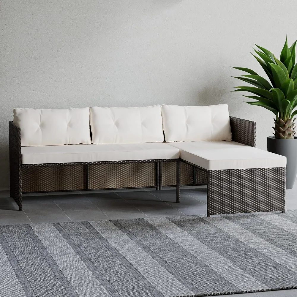 

Outdoor Sofa, L-Shape Sofa Only, Brown Rattan/Cream, Rattan Patio Furniture