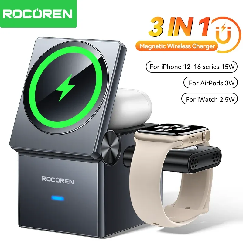 Rocoren Magsafe Charger for iPhone Samsung Vertical Stand Charging Dock Wireless Charger for iWatch AirPods with LED Indicator