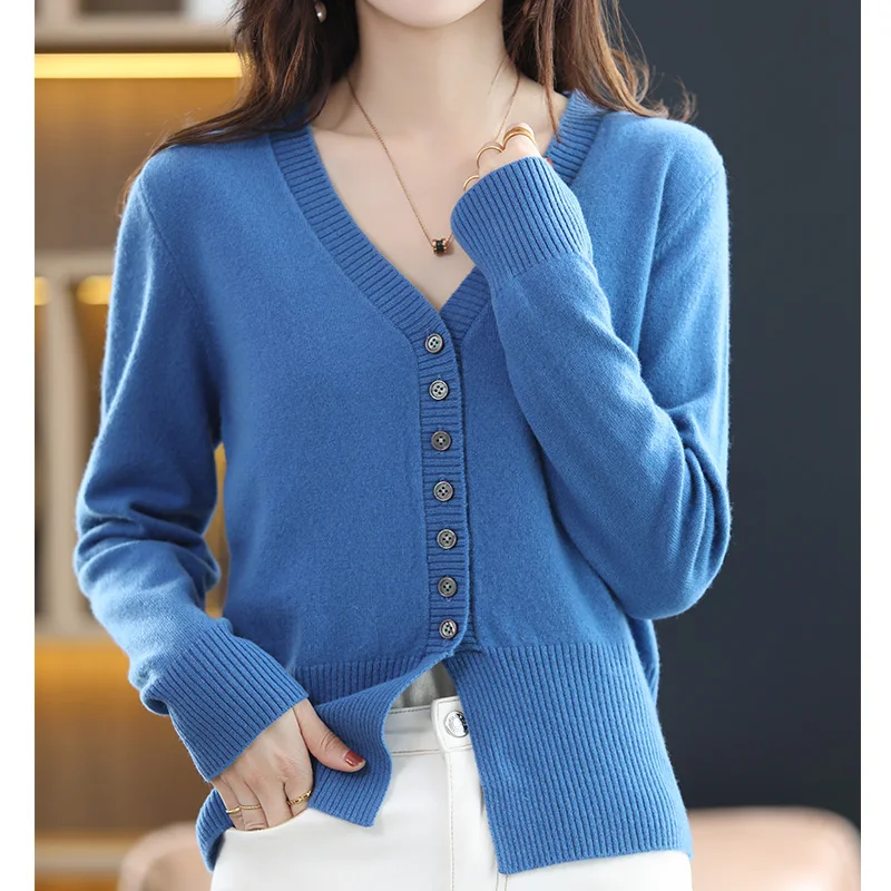 

Hot Sale 2022 Women's 100% Pure Wool Sweater Knitted V-Neck Cardigan Spring/Autumn New Slim Fashion Solid Color Clothes