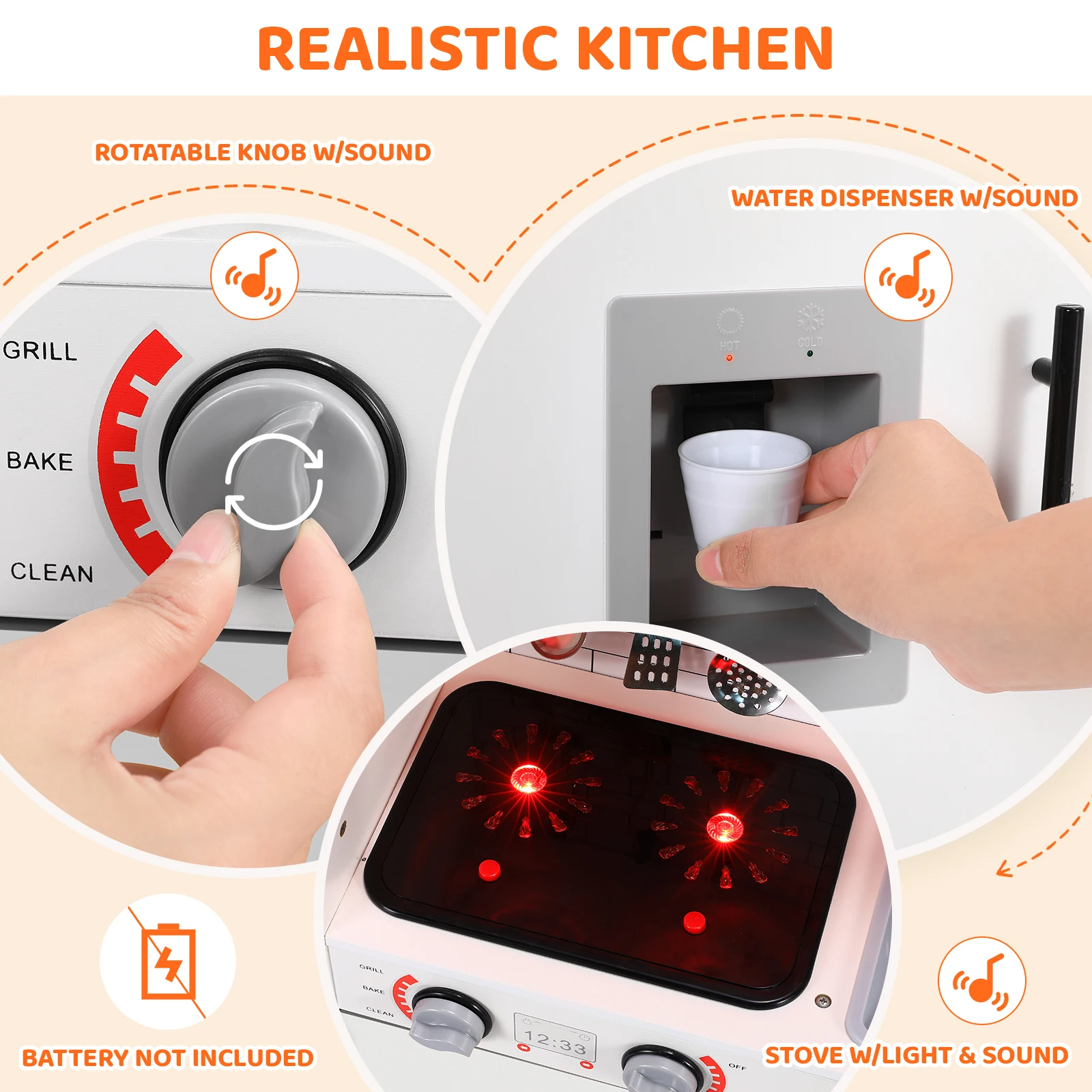 Wooden Kitchen Kids Pretend Play Kitchen Set Cooking Toys with Simulated Light and Sound Effects, Food,Cookware for Children - Image 3