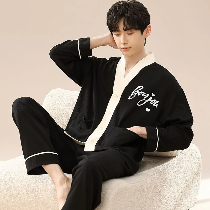 Waffle Pajamas Men's Spring Autumn V-neck Cotton Long-Sleeved Cardigan Homewear Suit Male Loose Plus Size Casual Sleepwear Set loose simple long sleeved pajamas plus velvet thick warm pajamas fashion trend v neck cardigan casual sweet and cute pajamas