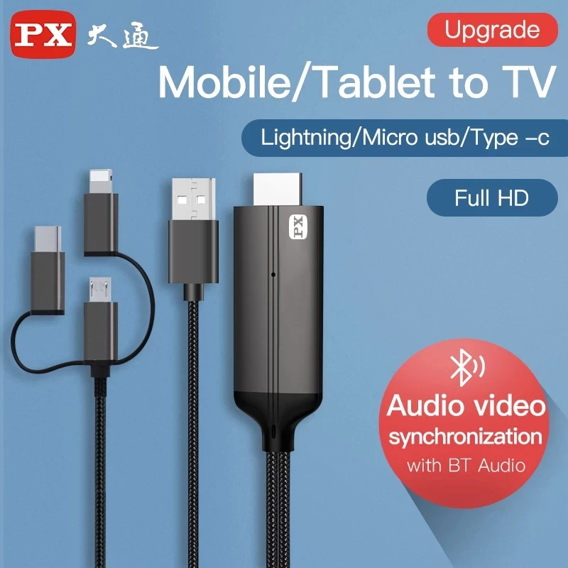 PX New 1080P Full HD 3-in-1 Hdmi-compatible Cable Lightning Type-C