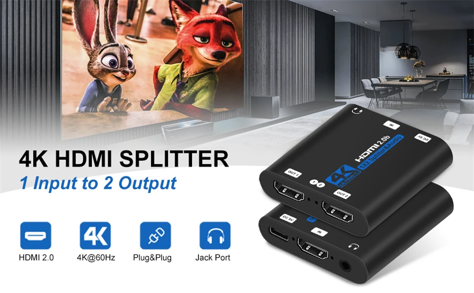 2026 Best 4K HDMI Splitter 1x2 HDMI 2.0 Splitter 1 in 2 out HDMI Amplifier Switc