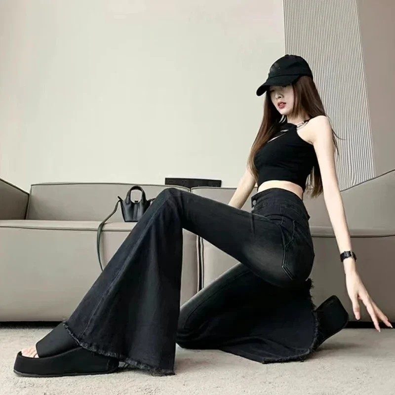 Lucyever 심미적 핫 스키니 플레어 청바지, 빈티지 슬림 핏 하이 웨이스트 데님 팬츠, Y2K 스트리트웨어, 와이드 레그 팬츠