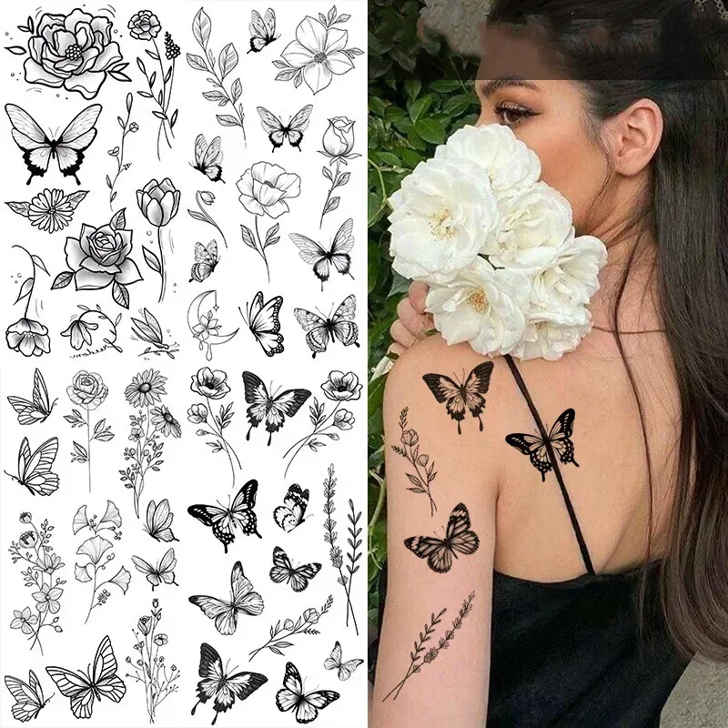 

Sketch Black and White Flower Butterfly Temporary Tattoo Sticker Rose Blossom Tattoo Body Arm Water Transfer Fake Tattoo Sticker