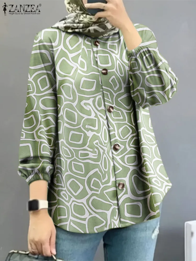 

ZANZEA Autumn Fashion Turkey Blouse Elegant Printed Islamic Clothing Puff Sleeve O-Neck Shirt Woman Vintage Loose Chemise 2023
