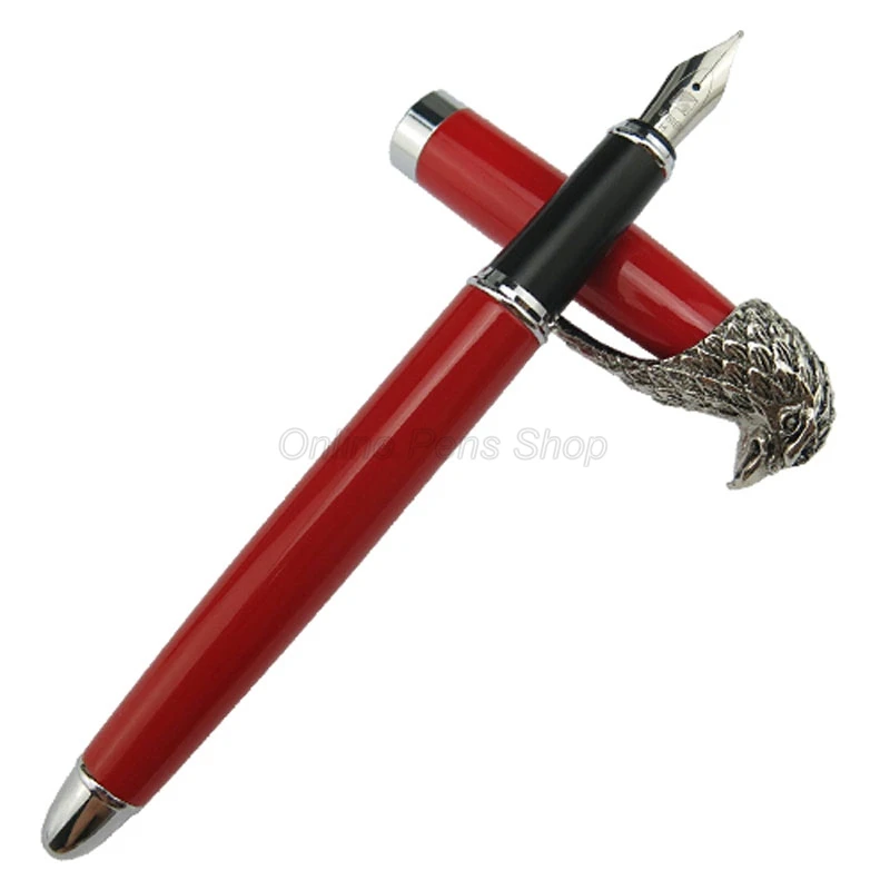 Fuliwen Metal Red Barrel Owl Fountain Pen Eagle Head Clip Medium Nib 0.7mm Silver Trim Writing Fountain Pen Gift