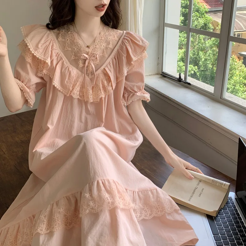 Summer Pink Sweet Lace Nightdress Woman Korean Style Bow Shorts Pajamas Sets Female Casual Fashion Party Long Dress Loungewear