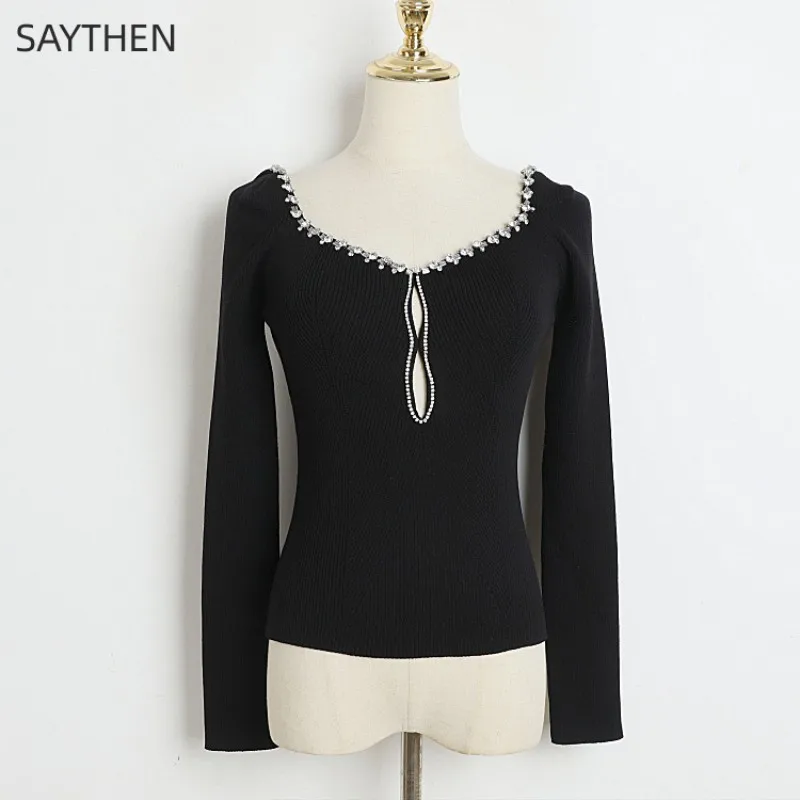 

SAYTHEN Women's Autumn Winter Rhinestone Sexy Knitwear 2023 Solid Color Perforated Square Neck Slim Fit Long Sleeve Ice Silk Top